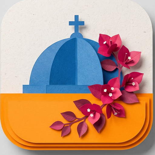 Ela! Alfa Beta app icon: a blue church dome and pink bougainvillea over an orange wall