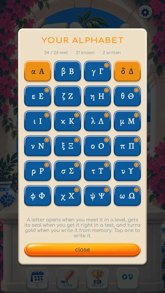 The alphabet page showing which letters have been met, learned and written