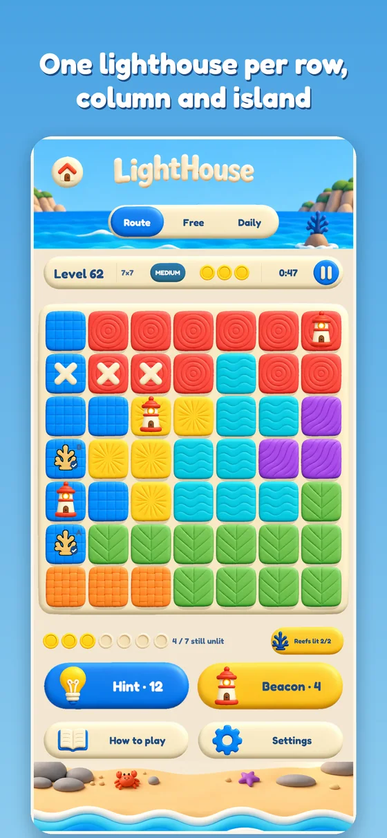 A LightHouse board of coloured islands with lighthouses placed and tiles marked