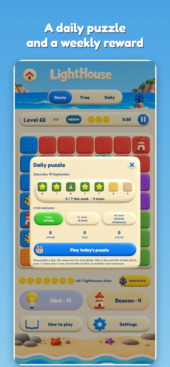 The daily puzzle card showing the week's progress and rewards