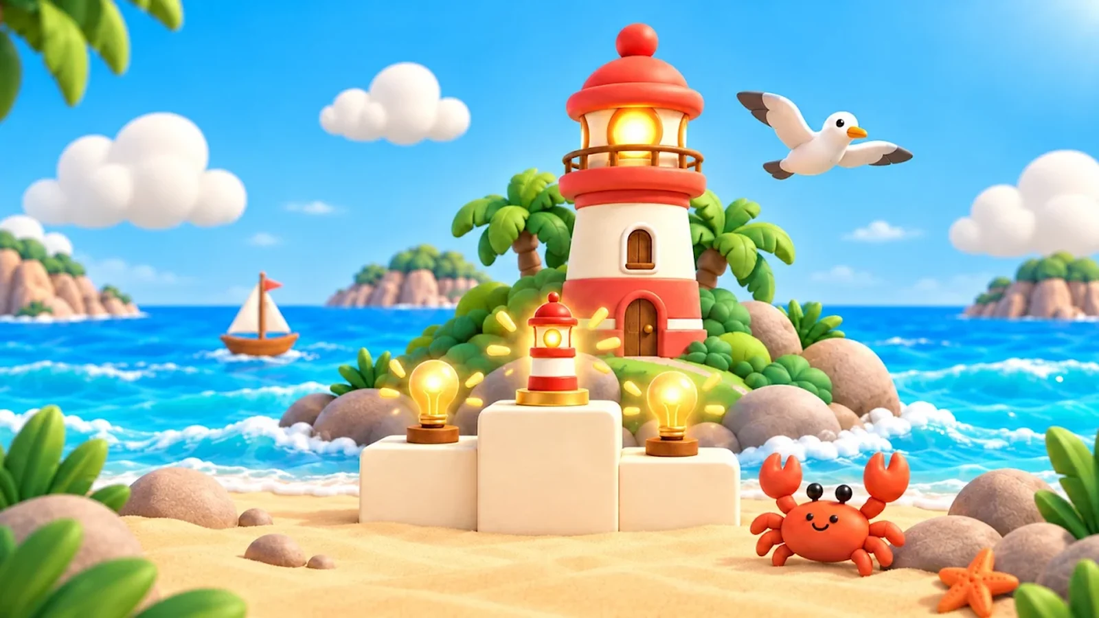LightHouse key art: a lighthouse island in a sunny sea, with three lit lamps on a podium, a seagull and a crab on the sand