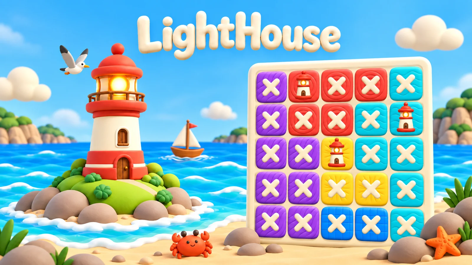 LightHouse key art: a lighthouse on a small island beside a colourful 5×5 puzzle board, with a sailboat, a seagull and a crab on the beach